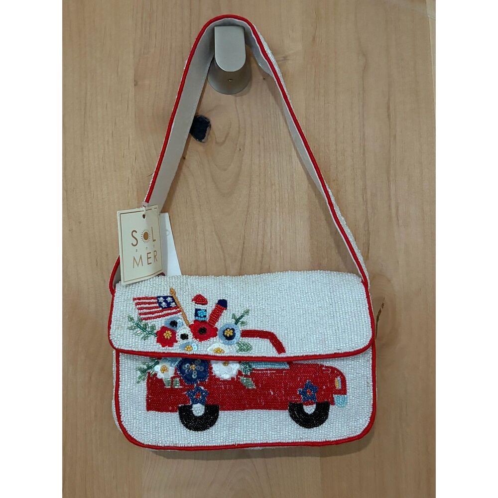Sol & Mer Hand Beaded Red Truck Patriotic Bag US Flag Floral Shoulder Purse NWT